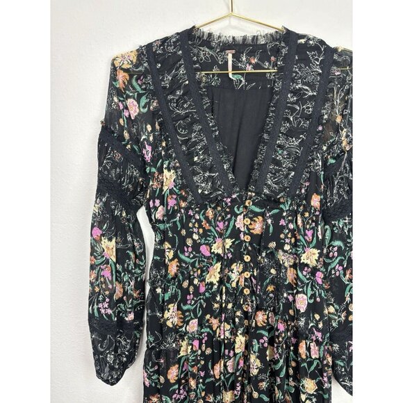 Free People Cassis Printed Chiffon Midi Dress Flowy Ruffles Floral Black Small - Picture 9 of 12